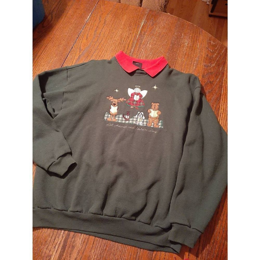 Large Green Long Sleeve Christmas Holiday Sweatshirt Fleece Heaven Nature Sing
